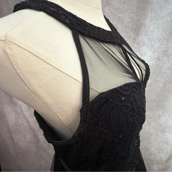 Elegant Black Halter Formal Sheer Illusion Dress layered tulle prom bow sequin - Picture 8 of 10